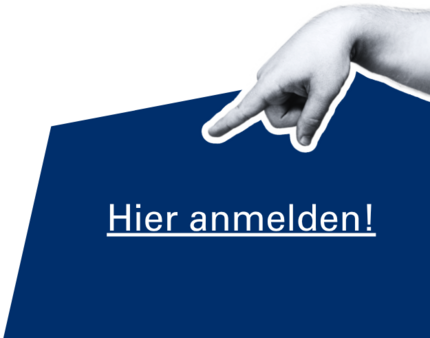 Eine Hand zeigt mit dem Finger auf einen Anmeldelink.