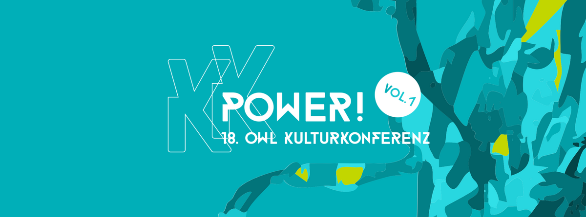 Vor einem türkisen Hintergrund flattert ein grün-blaues Band. Darüber steht "Power! Volume 1. 18. OWL Konferenz".