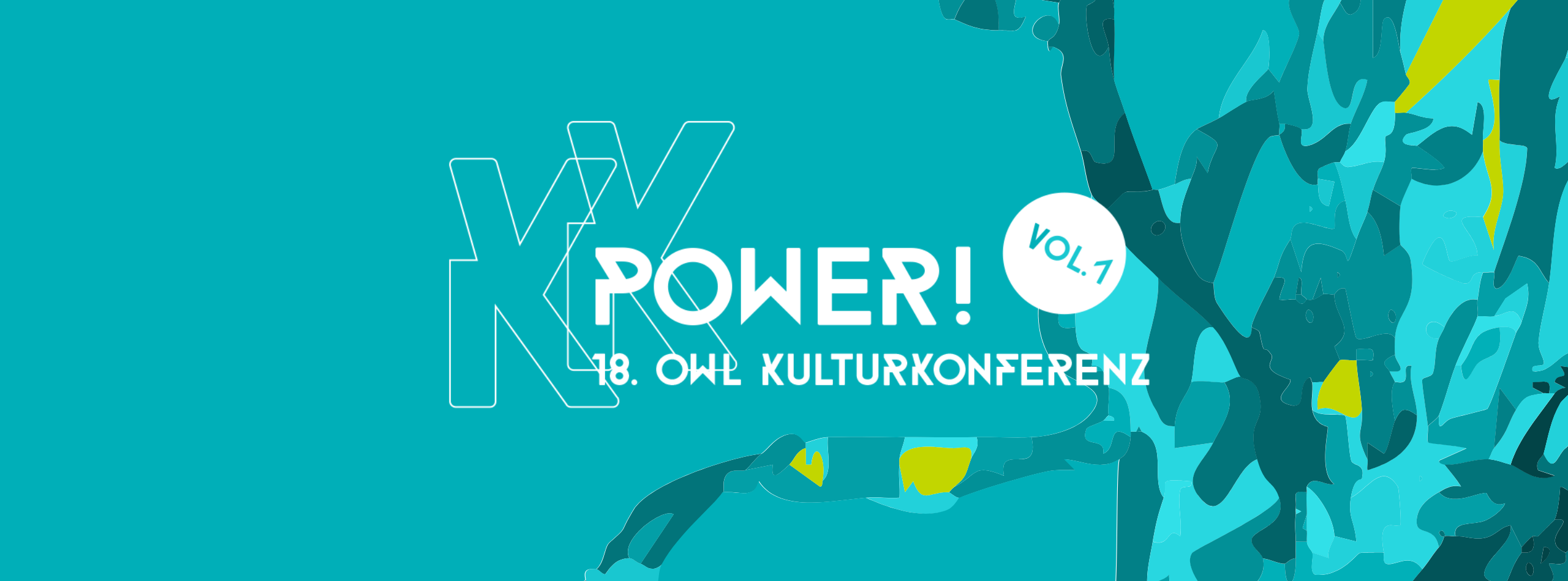 Nahaufnahme bunter Bänder in den Farben Grün und Türkis. Darüber der Schriftzug "Power! Volume 1. 18. OWL Kulturkonferenz.