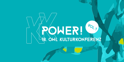 Vor einem türkisen Hintergrund flattert ein grün-blaues Band. Darüber steht "Power! Volume 1. 18. OWL Konferenz".